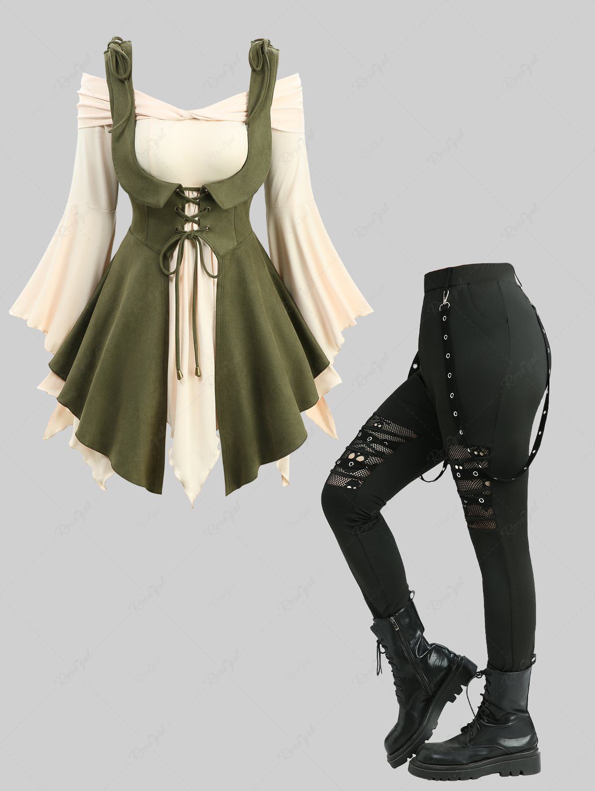 Chic Off The Shoulder Flare Sleeves Top With Lace Up Vest and Skull Hollow Out Fishnet Leggings Plus Size Outfit  