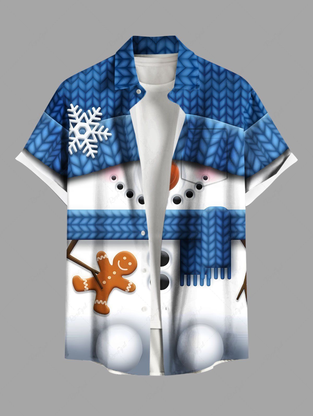 Chemise à poches boutonnées grande taille pour homme, imprimée de bonhomme de neige, de flocons de neige et de pain d'épice de Noël. Bleu Ciel S