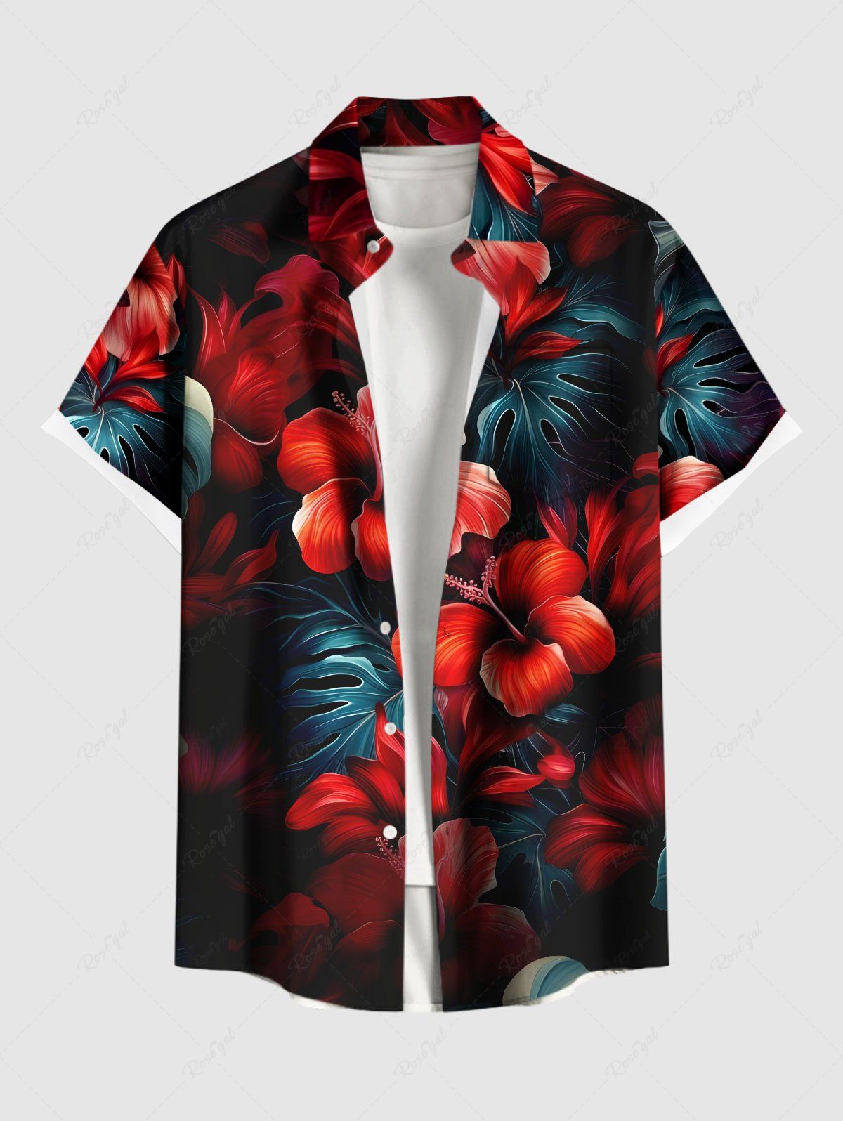 Chemise hawaïenne grande taille pour homme, à imprimé feuilles tropicales et fleurs d'hibiscus, boutons et poche. Noir M