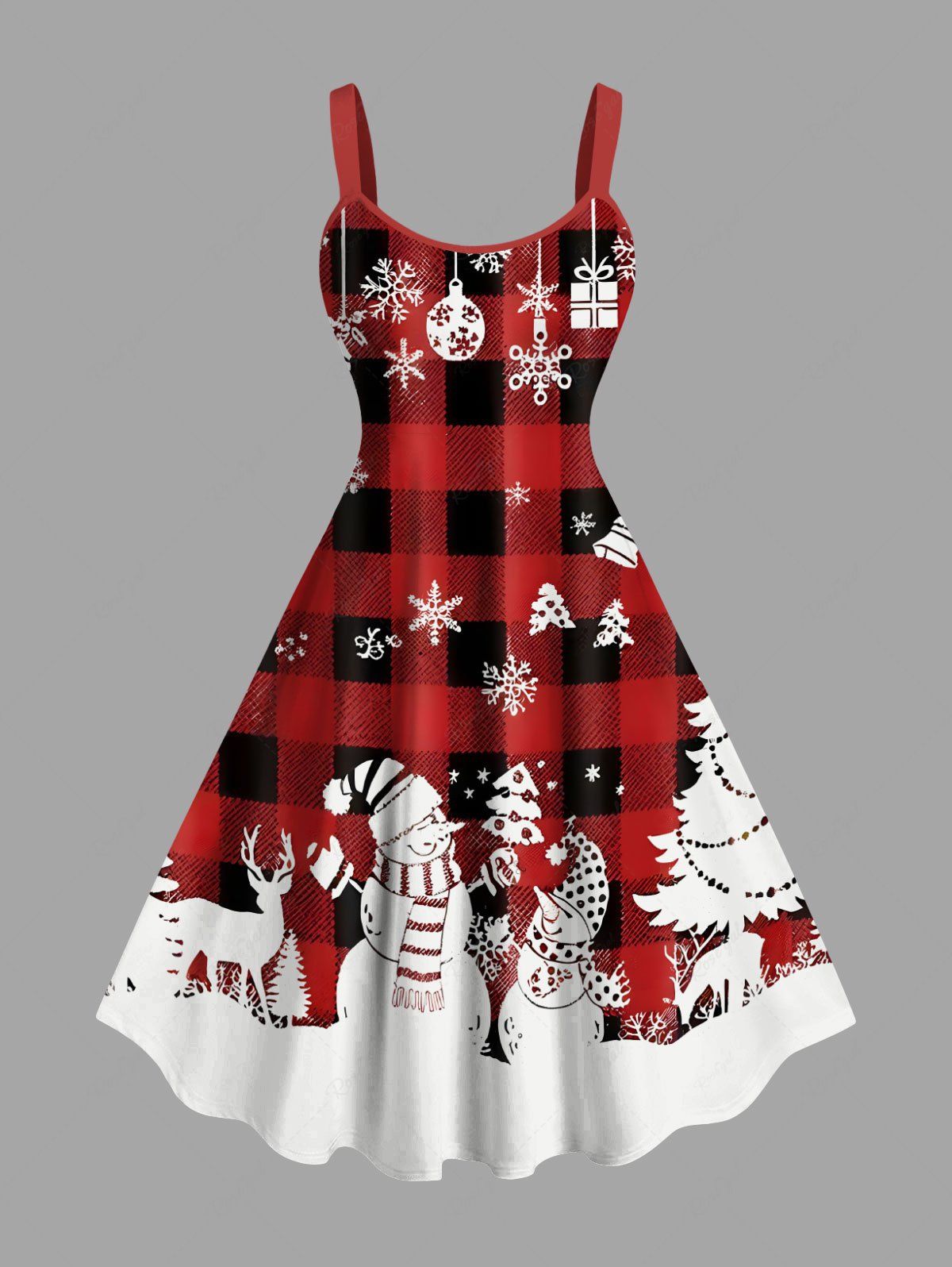 Robe débardeur à carreaux grande taille avec sapin de Noël, bonhomme de neige, flocons de neige et élan Rouge 5X