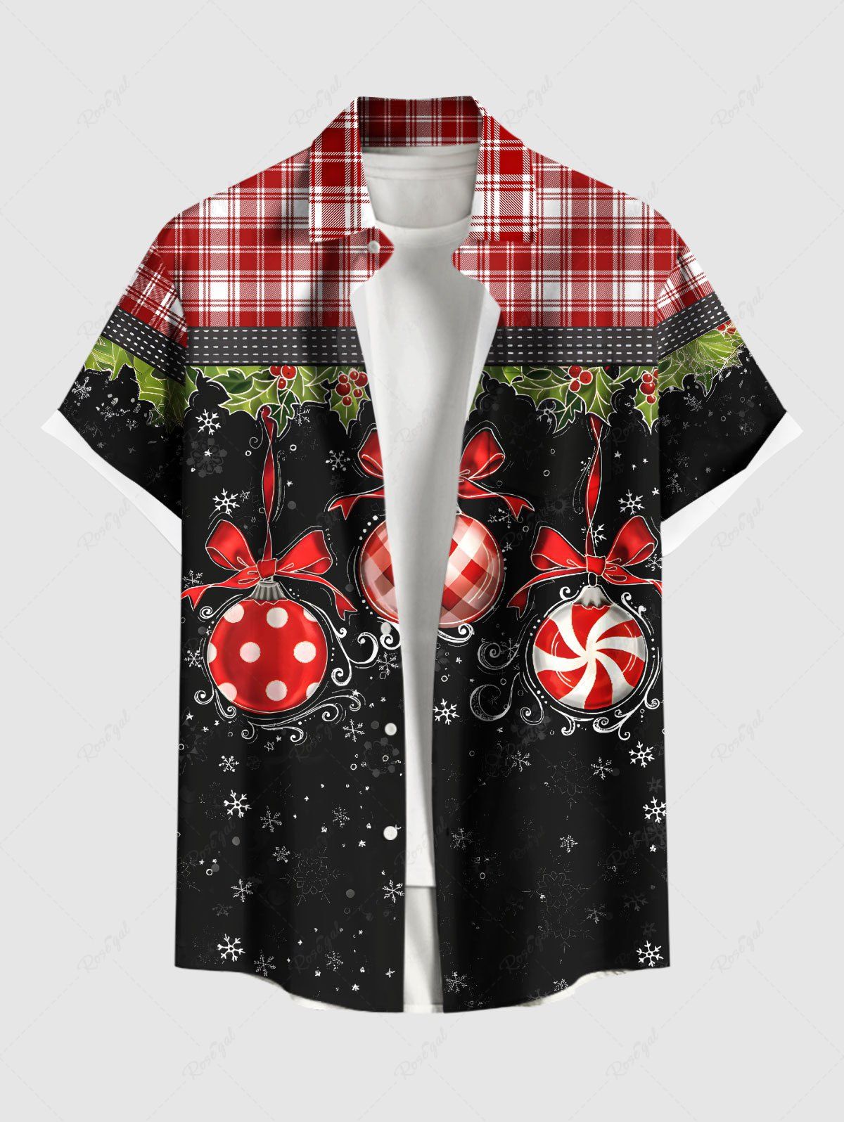 Chemise à carreaux grande taille pour homme, motif boules de Noël, houx, fruits et flocons de neige, boutons et poche Noir S