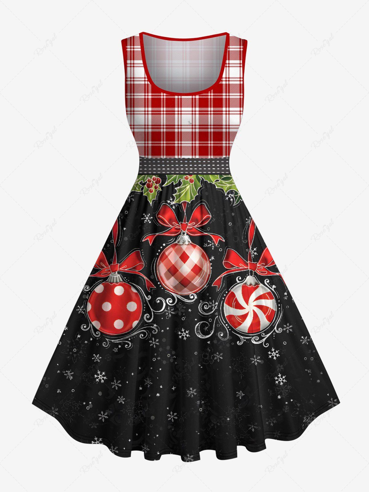 Buy Plus Size Christmas Ball Holly Fruit Snowflake Plaid Print 1950s Vintage Dress  