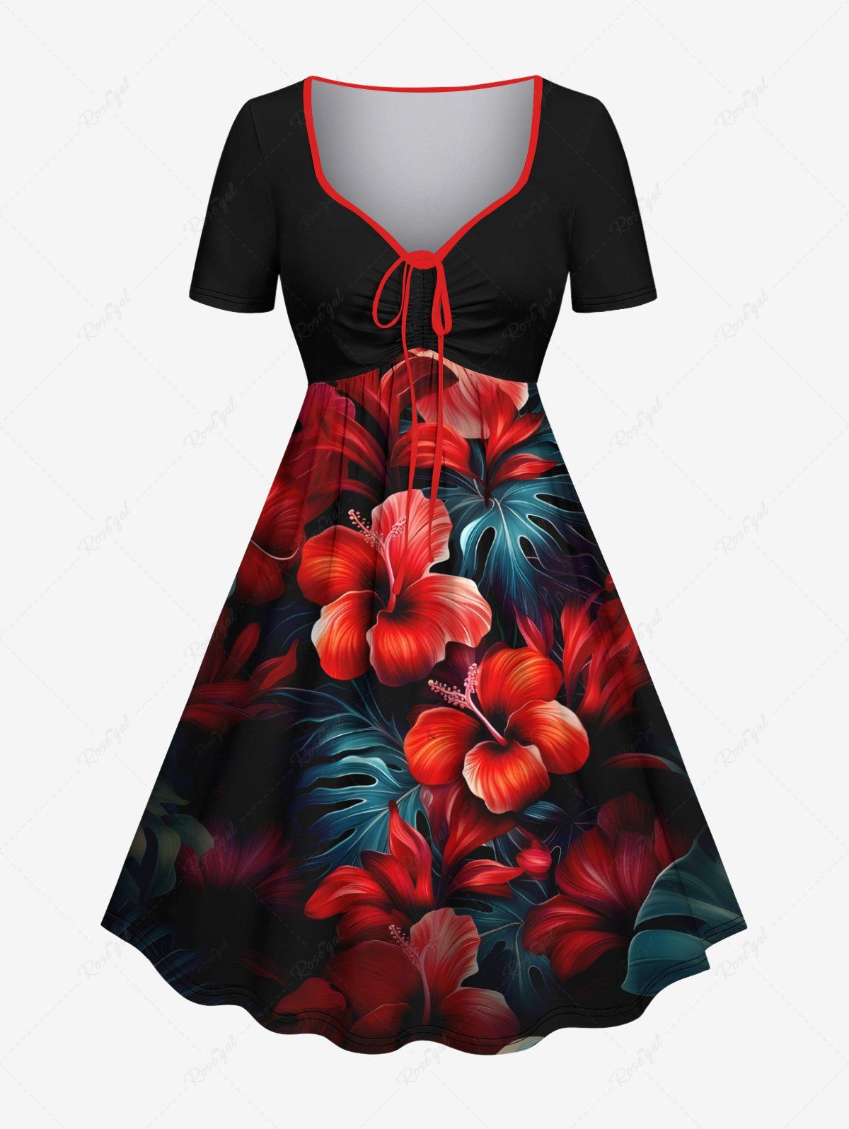 Robe hawaïenne grande taille à imprimé tropical et fleurs d'hibiscus, cintrée Noir XXS