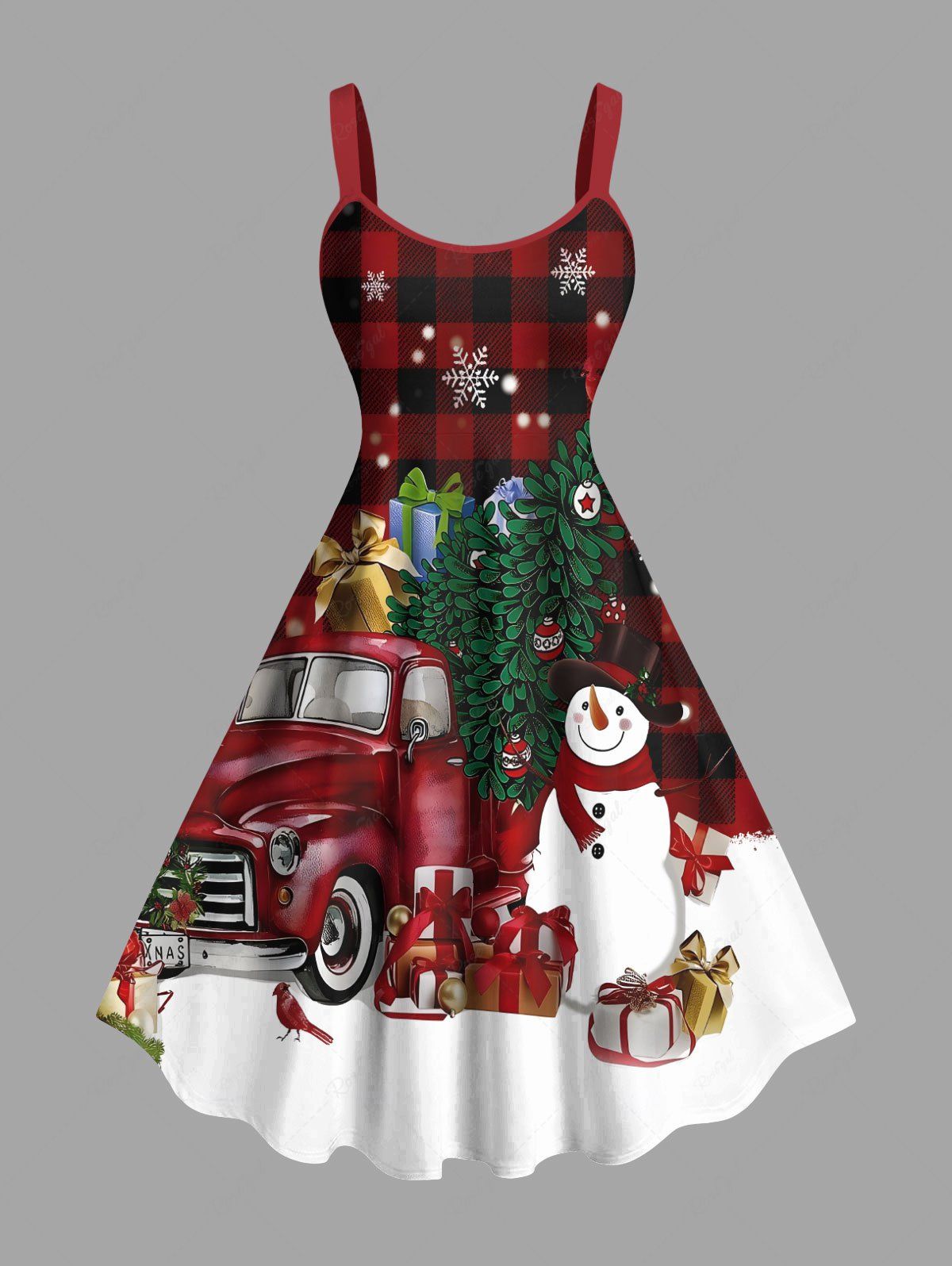 New Plus Size Christmas Tree Snowman Snowflake Car Gift Box Plaid Print Tank Dress  