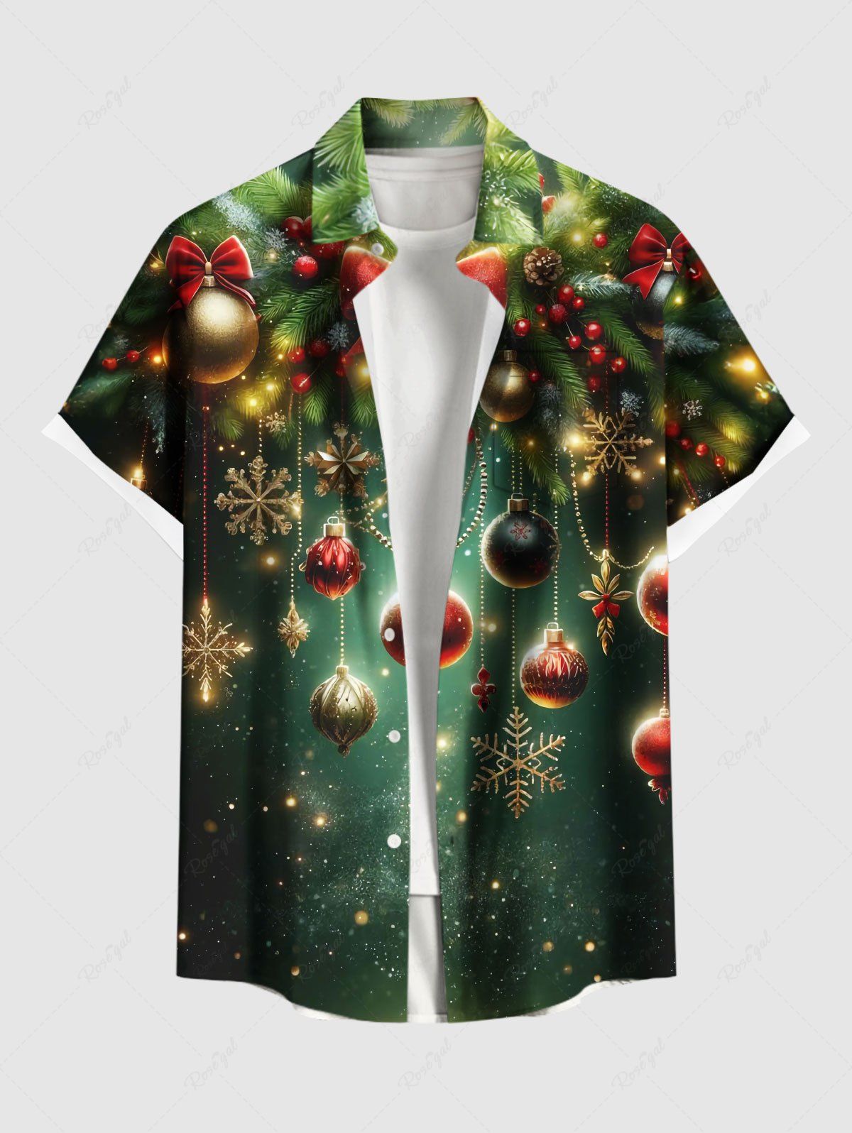 Chemise grande taille pour homme avec motif flocons de neige, nœud papillon et houx, imprimé ombré et poche boutonnée. Vert S