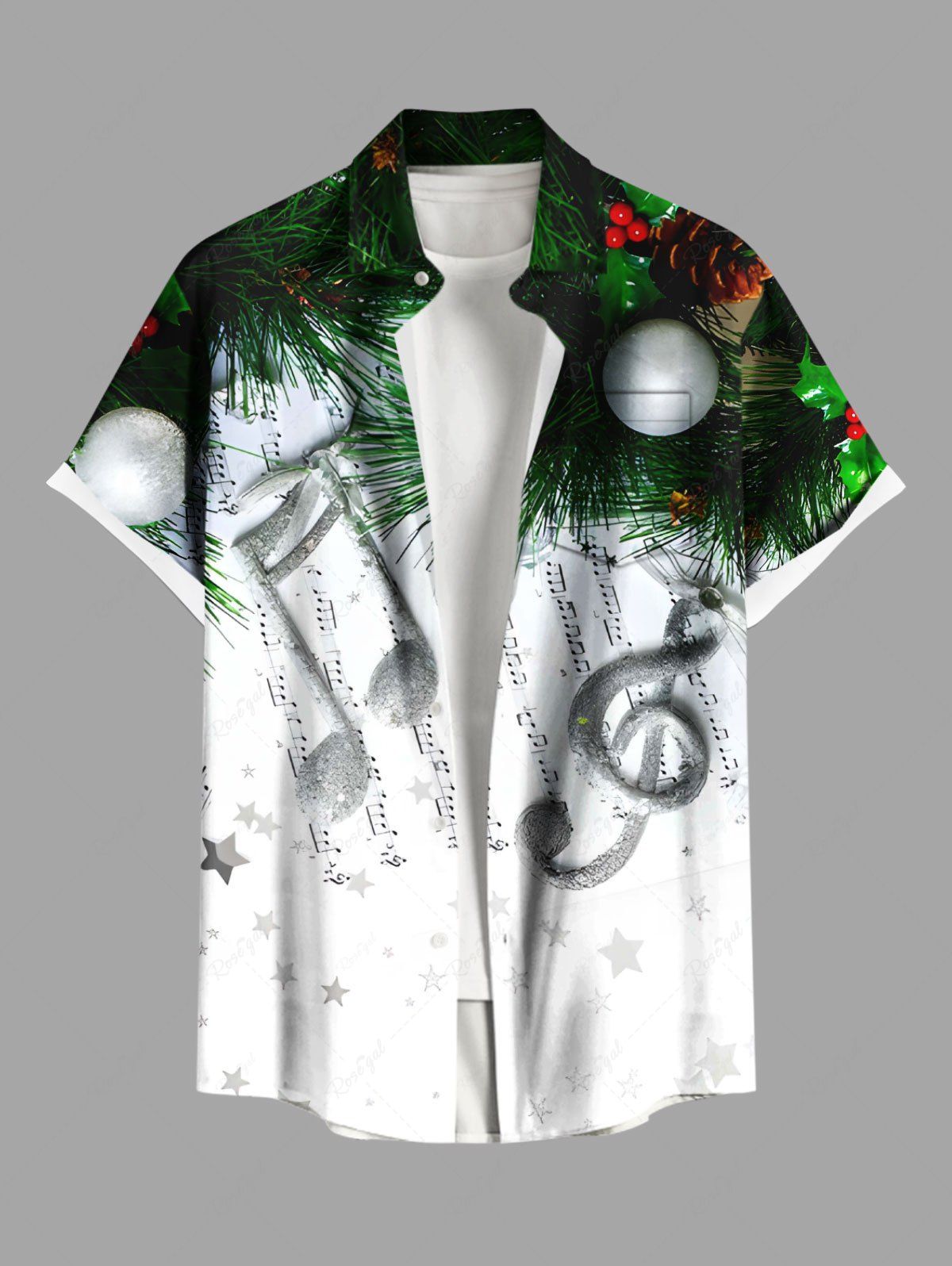 Chemise à poches boutonnées grande taille pour homme, imprimée de boules de Noël, pommes de pin et symboles musicaux (feuilles de pin). Vert S