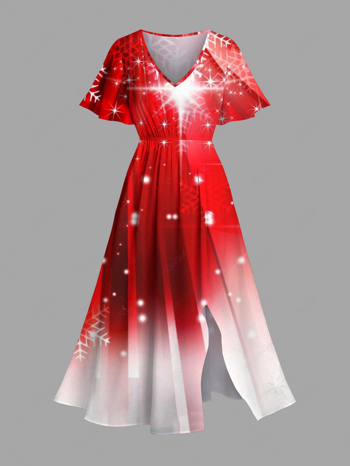 Robe midi trapèze grande taille à imprimé ombré flocons de neige et étoiles pailletées, poches fendues, motif flocons de neige et étoiles pailletées, poches avant. Rouge 6X