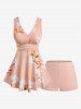 Maillot de bain tankini grande taille à imprimé fleurs, feuilles et branches, coupe shorty - orange clair L | US 12