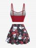 Plus Size Skull Rose Flower Spider Web Print Lace Up Three Piece Tankini Swimsuit (Adjustable Shoulder Strap) -  