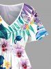 Plus Size Tropical Leaf Hibiscus Flower Branch Print Hawaii Split Pocket A Line Midi Dress -  