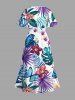 Plus Size Tropical Leaf Hibiscus Flower Branch Print Hawaii Split Pocket A Line Midi Dress -  