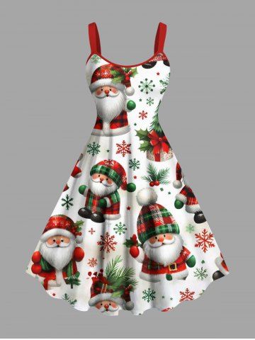 Plus Size Christmas Tree Snowflake Santa Claus Print A Line Dress - WHITE - XS
