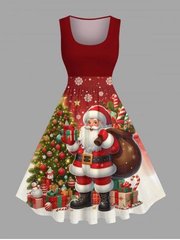 Plus Size Christmas Tree Santa Claus Star Candy Snowflake Print 1950s Vintage Dress - RED - XS