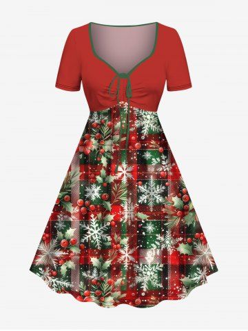 Plus Size Christmas Holly Fruit Snowflake Plaid Print Cinched Dress - RED - 4X