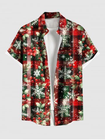Plus Size Christmas Holly Fruit Snowflake Plaid Print Buttons Pocket Shirt For Men - RED - 4XL