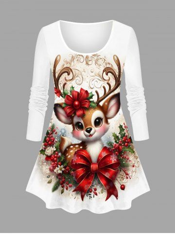 Plus Size Christmas Elk Bowknot Flowers Holly Fruit Print Long Sleeves T-shirt - WHITE - 6X