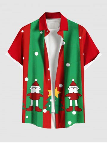 Plus Size Christmas Tree Star Santa Claus Dots Colorblock Print Buttons Pocket Shirt For Men - GREEN - 4XL