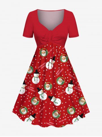 Plus Size Christmas Santa Claus Snowman Snowflake Print Cinched Dress - RED - XXS