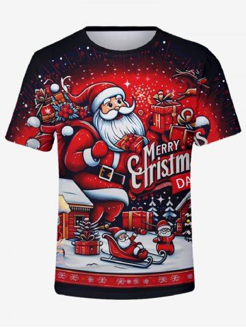 Plus Size Christmas Santa Claus Sled Holly Fruit Gift Box Print T-shirt For Men - BLACK - 7XL