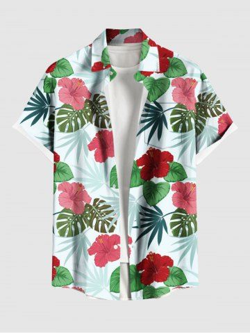 Plus Size Tropical Leaf Hibiscus Flower Print Hawaii Button Pocket Shirt For Men - GREEN - L