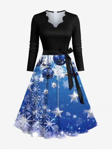 Plus Size Christmas Snowflake Ball Ombre Bubble Print Scalloped Neck A Line Dress with Removable Belt - SKY BLUE - 5XL