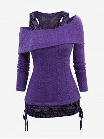 Plus Size Turndown Collar Cable Knit Sweater and Paisley Floral Flocking Mesh Cinched Tank Top - PURPLE - L | US 12