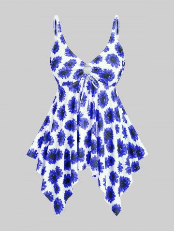 Maillot de bain tankini grande taille et grande taille, imprimé tournesol et mouchoir, coupe cintrée, style pudique. - COBALT BLUE - 1X