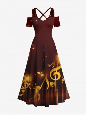 Robe longue grande taille à imprimé étoiles et paillettes avec symboles musicaux, épaules dénudées et bretelles croisées, coupe trapèze - DEEP COFFEE - 5X