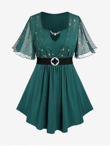 T-shirt à manches courtes grande taille à imprimé étoiles et empiècement chaîne, ceinture - GREEN - 5X | US 30-32
