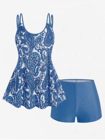 Plus Size Bohemian Paisley Print Tankini Swimsuit with Boyshorts - BLUE - L | US 12