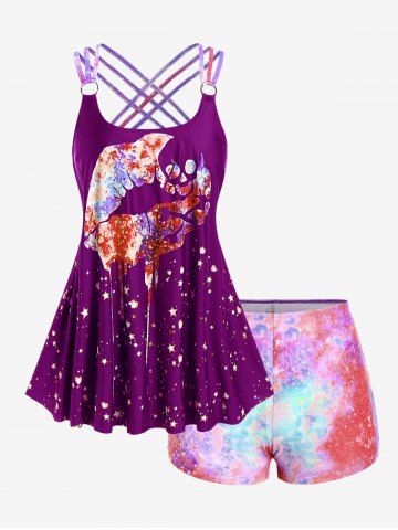 Plus Size Lip Printed Padded Boyleg Strappy Tankini Swimsuit - ROSE - M | US 10