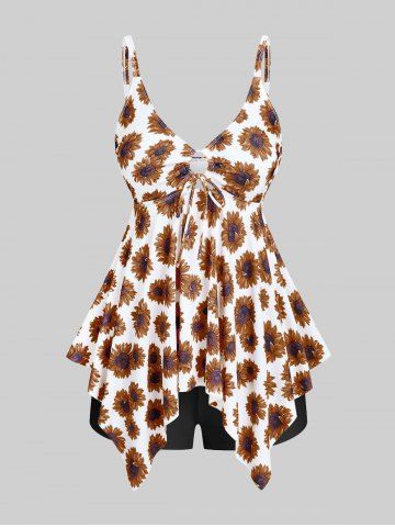 Handkerchief Sunflower Print Cinched Plus Size & Curve Modest Tankini  Swimsuit - BROWN - 1X