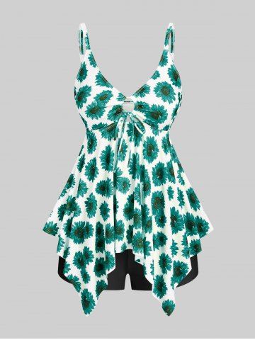 Maillot de bain tankini grande taille et grande taille, imprimé tournesol et mouchoir, coupe cintrée, style pudique. - GREEN - L