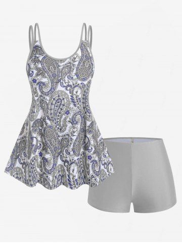 Plus Size Bohemian Paisley Print Tankini Swimsuit with Boyshorts - BLUE - L | US 12