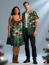 Christmas Snowflake Ball Bowknot Holly Print Plus Size Matching Outfit For Couples -  