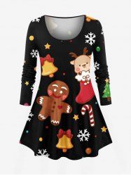 T-shirt à manches longues pour femme, grande taille, imprimé sapin de Noël, flocons de neige, pain d'épice, clochettes et bonbons - Noir 5X