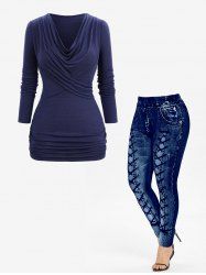 Ruched Surplice Cowl Neck Long Sleeve Top and High Waisted 3D Print Leggings Plus Size Outfit -  