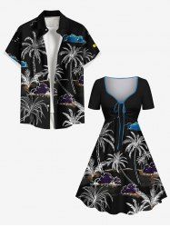 Coconut Tree Cloud Moon Bird Print Plus Size Matching Hawaii Beach Outfit For Couples -  