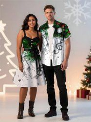 Christmas Ball Pinecone Leaf Music Symbol Print Plus Size Matching Outfit For Couples -  