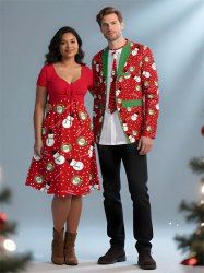 Ensemble assorti grande taille pour couples : Père Noël, bonhomme de neige et flocons de neige. - Rouge 