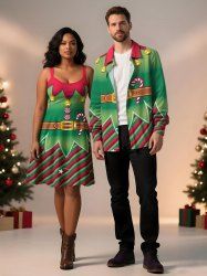 Ensemble assorti grande taille imprimé bonbons et elfes de Noël pour couples - Vert 