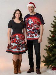 Ensemble assorti grande taille pour couples, imprimé Père Noël, traîneau, houx et fruits, boîte cadeau - Noir 