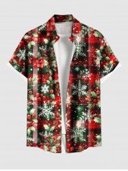 Plus Size Christmas Holly Fruit Snowflake Plaid Print Buttons Pocket Shirt For Men -  