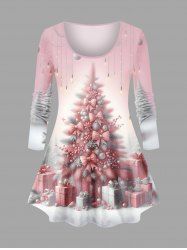 Plus Size Christmas Tree Bowknot Gift Box Light Tassel Print Long Sleeves T-shirt -  
