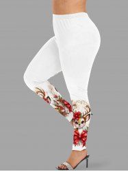 Leggings grande taille à imprimé Noël avec nœud papillon, fleurs et houx - Blanc 5X