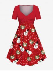 Robe cintrée grande taille à imprimé Père Noël, bonhomme de neige et flocons de neige - Rouge 3X