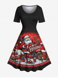 Robe vintage grande taille imprimée Père Noël traîneau houx et fruits, boîte cadeau - Noir L
