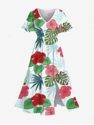 Plus Size Tropical Leaf Hibiscus Flower Print Hawaii Pocket Split A Line Midi Dress -  
