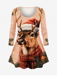 T-shirt à manches longues pour femme, imprimé flocons de neige et chapeau d'élan, grandes tailles - orange clair 4X