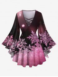 Plus Size Christmas Snowflake Ombre Print Lattice Long Sleeves Women T-shirt -  